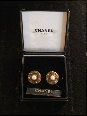Authentic Vintage Chanel 97A Antiqued Gold CC & Faux Pearl Stud Earrings